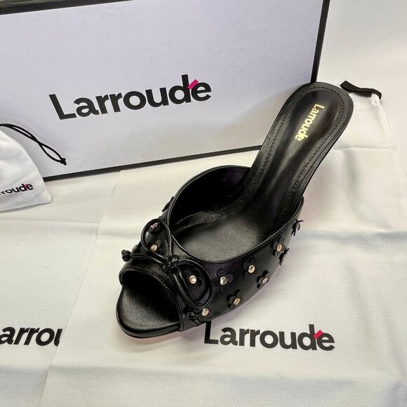 Larroude Jasmine Black Studded Leather Mule Size 8 Peep Toe Heel Slip-On - Picture 2 of 16